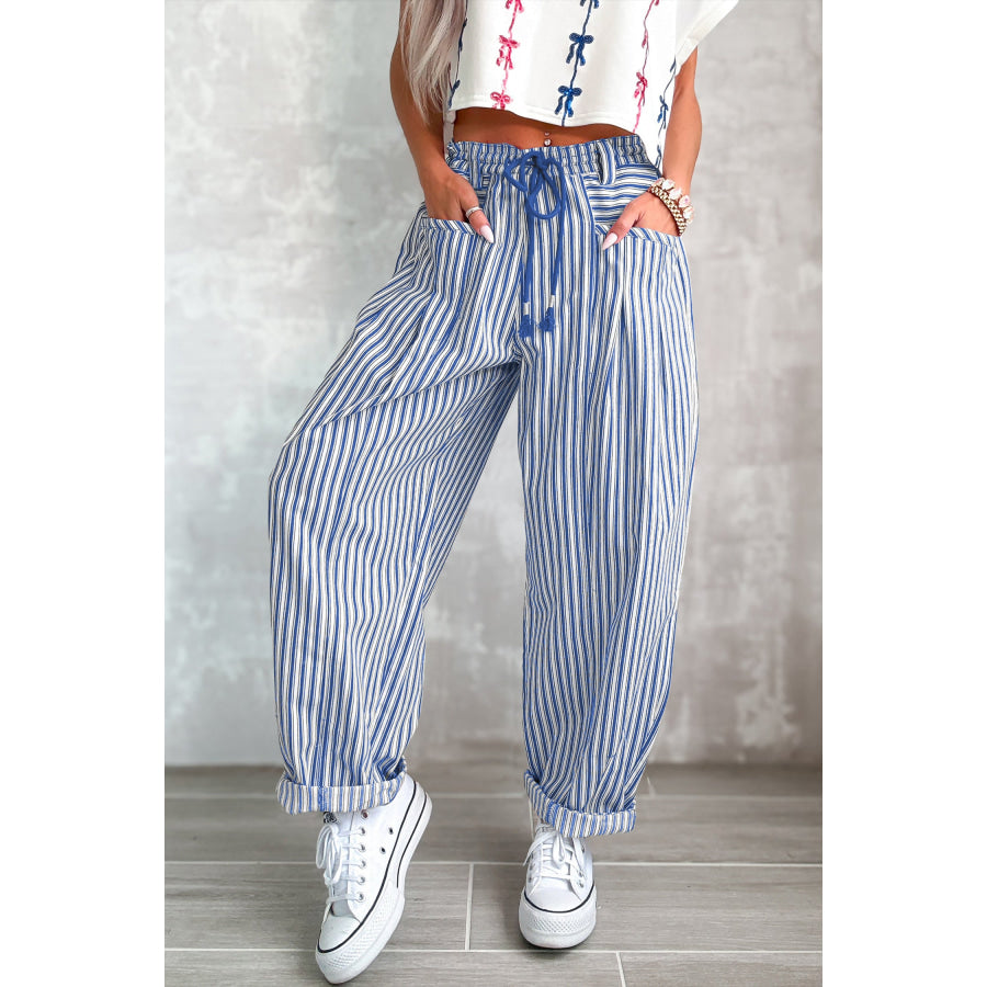 Blue Stripe Drawstring Casual Loose Pants Bottoms/Pants & Culotte