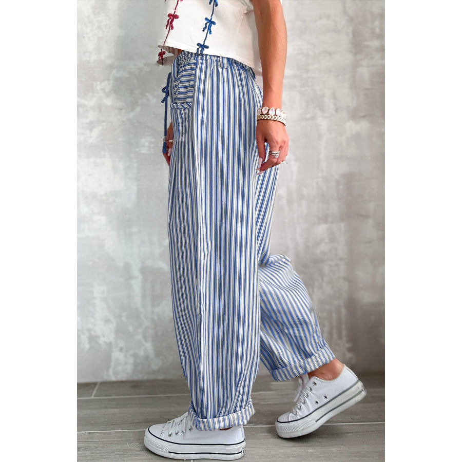 Blue Stripe Drawstring Casual Loose Pants Bottoms/Pants & Culotte