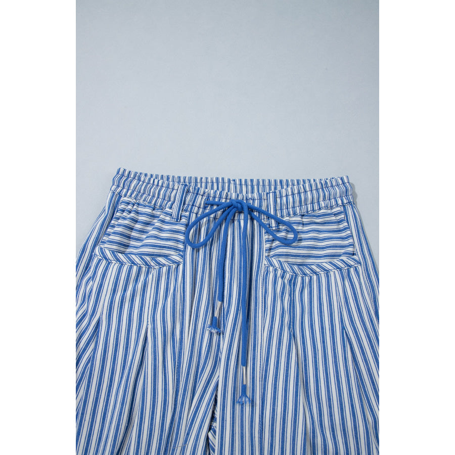 Blue Stripe Drawstring Casual Loose Pants Bottoms/Pants & Culotte
