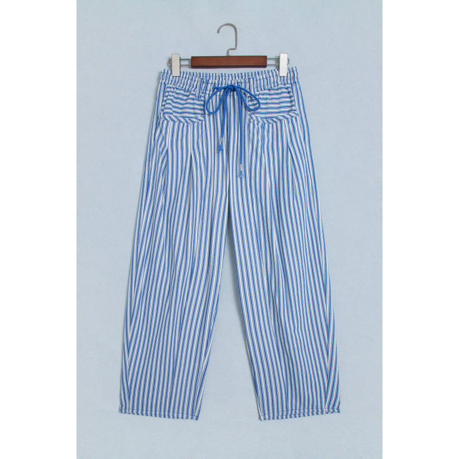Blue Stripe Drawstring Casual Loose Pants Bottoms/Pants & Culotte