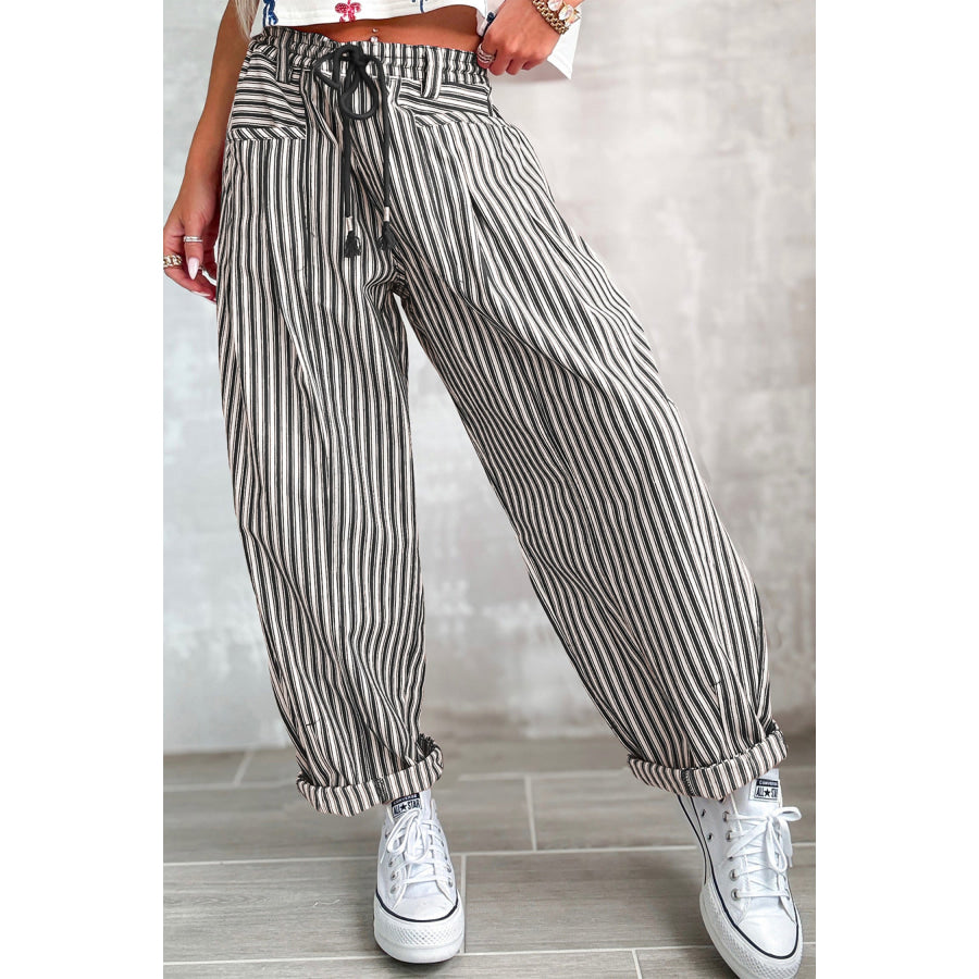 Blue Stripe Drawstring Casual Loose Pants Bottoms/Pants & Culotte