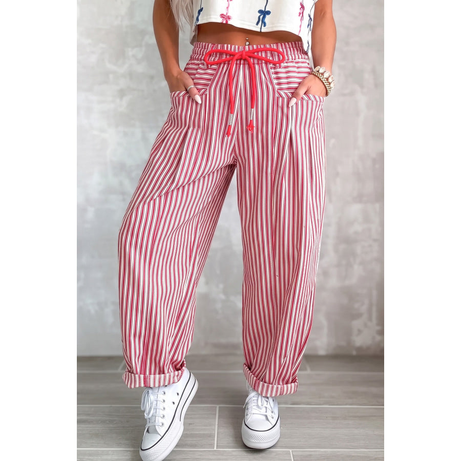 Blue Stripe Drawstring Casual Loose Pants Bottoms/Pants & Culotte