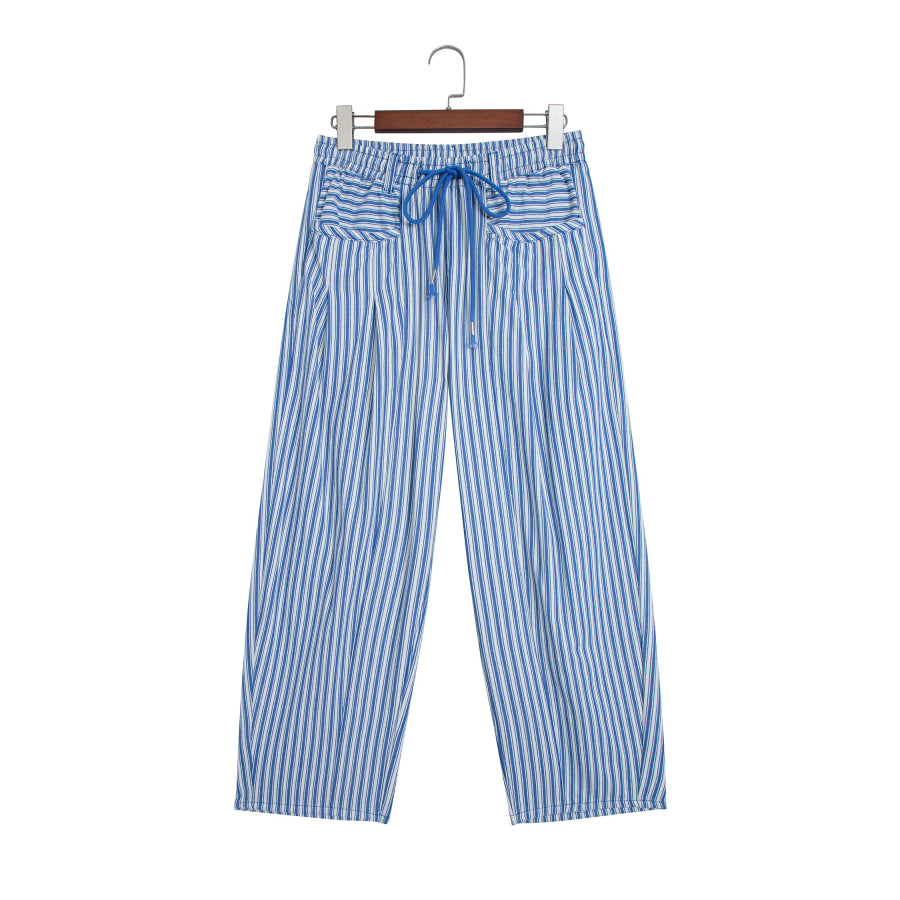 Blue Stripe Drawstring Casual Loose Pants Bottoms/Pants & Culotte