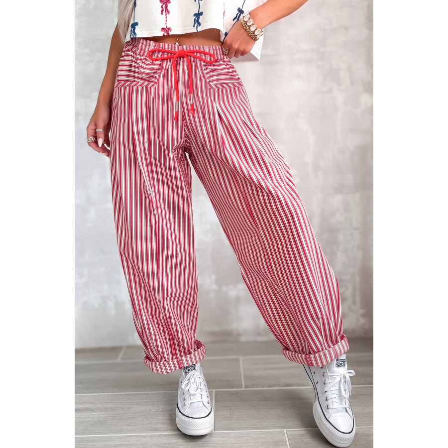 Blue Stripe Drawstring Casual Loose Pants Red / 4 Bottoms/Pants & Culotte