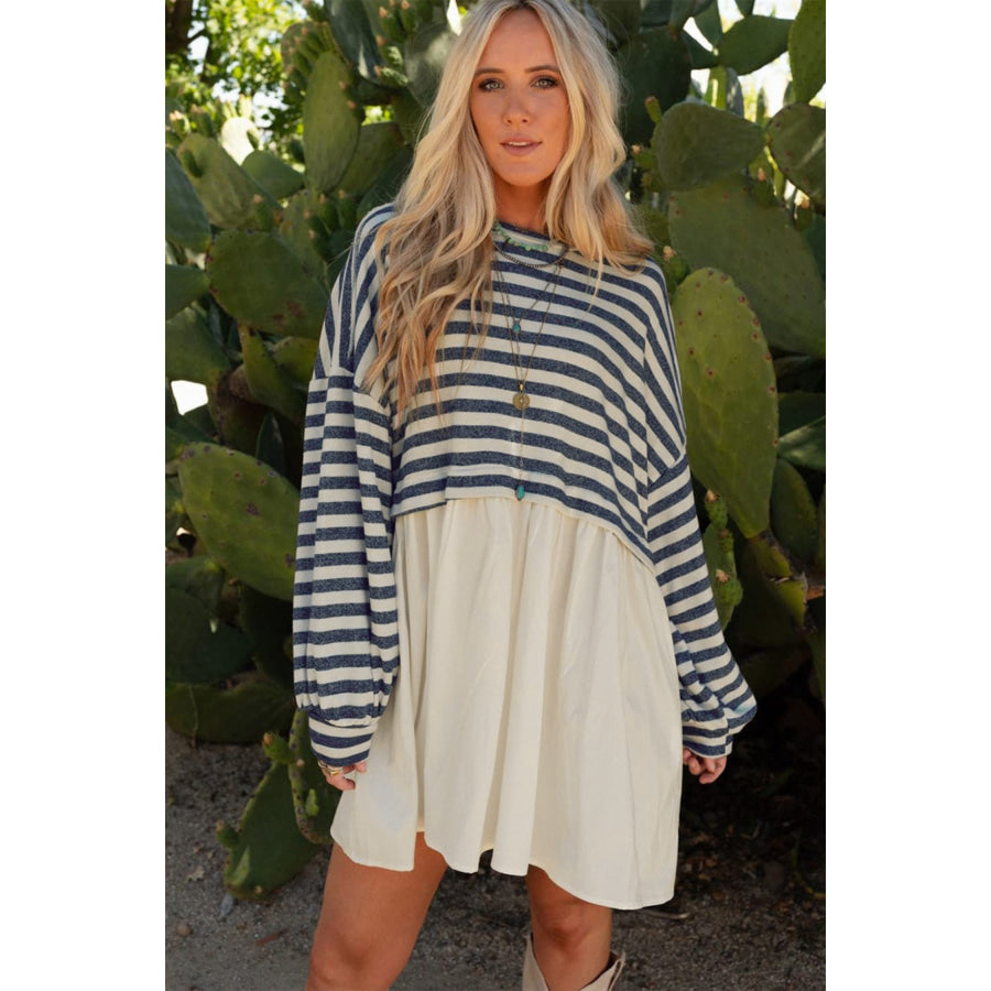 Blue Stripe Long Sleeve Pocketed Patchwork Hem Mini Dress Dresses/Mini Dresses