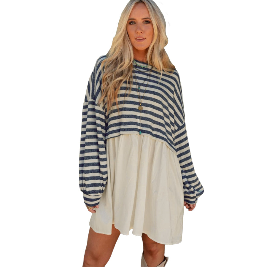 Blue Stripe Long Sleeve Pocketed Patchwork Hem Mini Dress Dresses/Mini Dresses