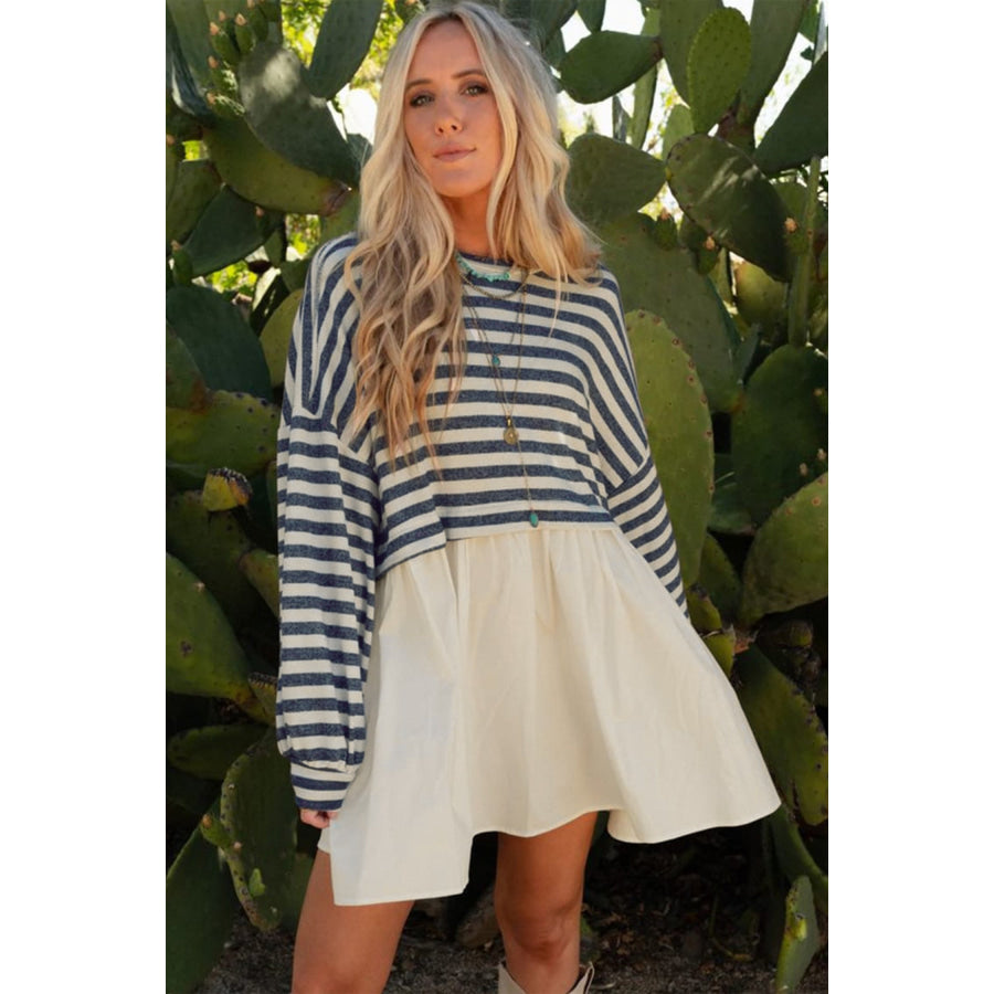 Blue Stripe Long Sleeve Pocketed Patchwork Hem Mini Dress Dresses/Mini Dresses