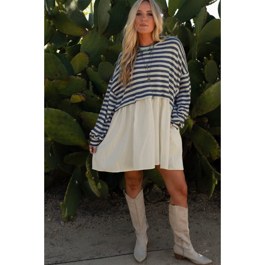 Blue Stripe Long Sleeve Pocketed Patchwork Hem Mini Dress Dresses/Mini Dresses