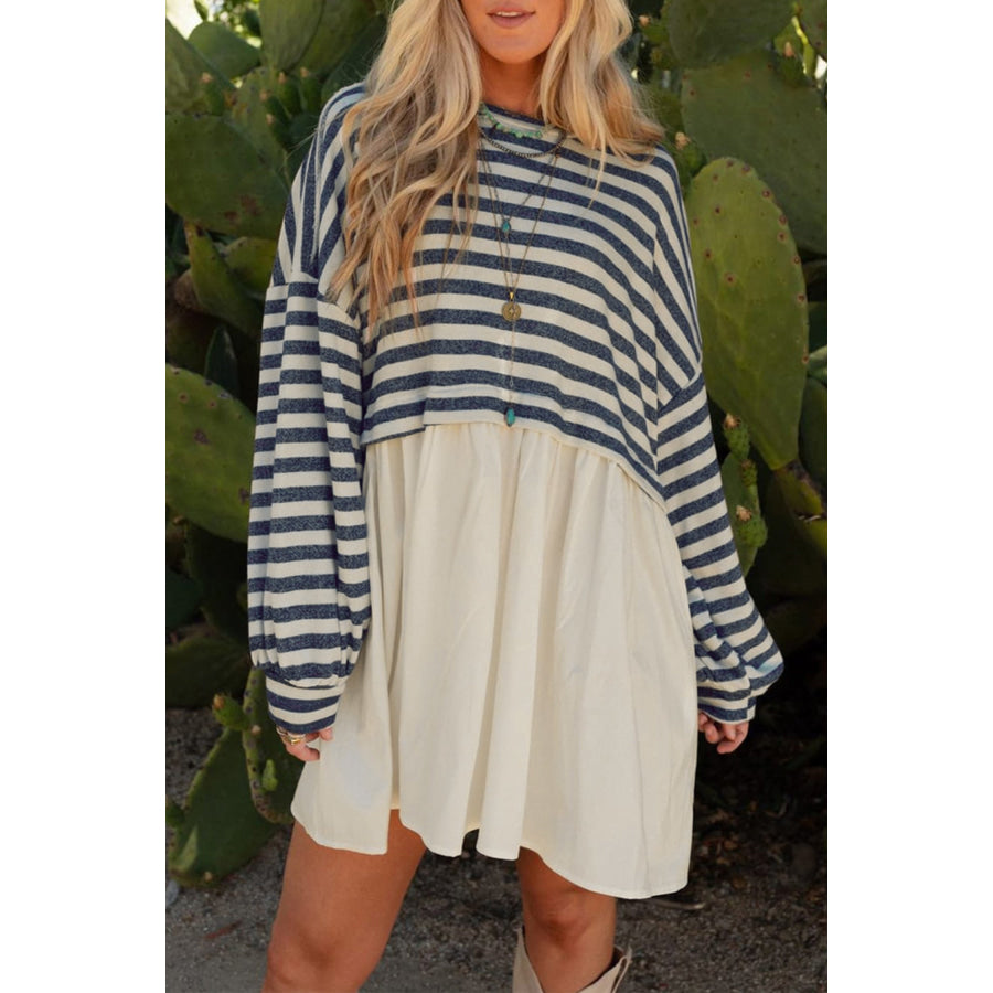 Blue Stripe Long Sleeve Pocketed Patchwork Hem Mini Dress / S Dresses/Mini Dresses