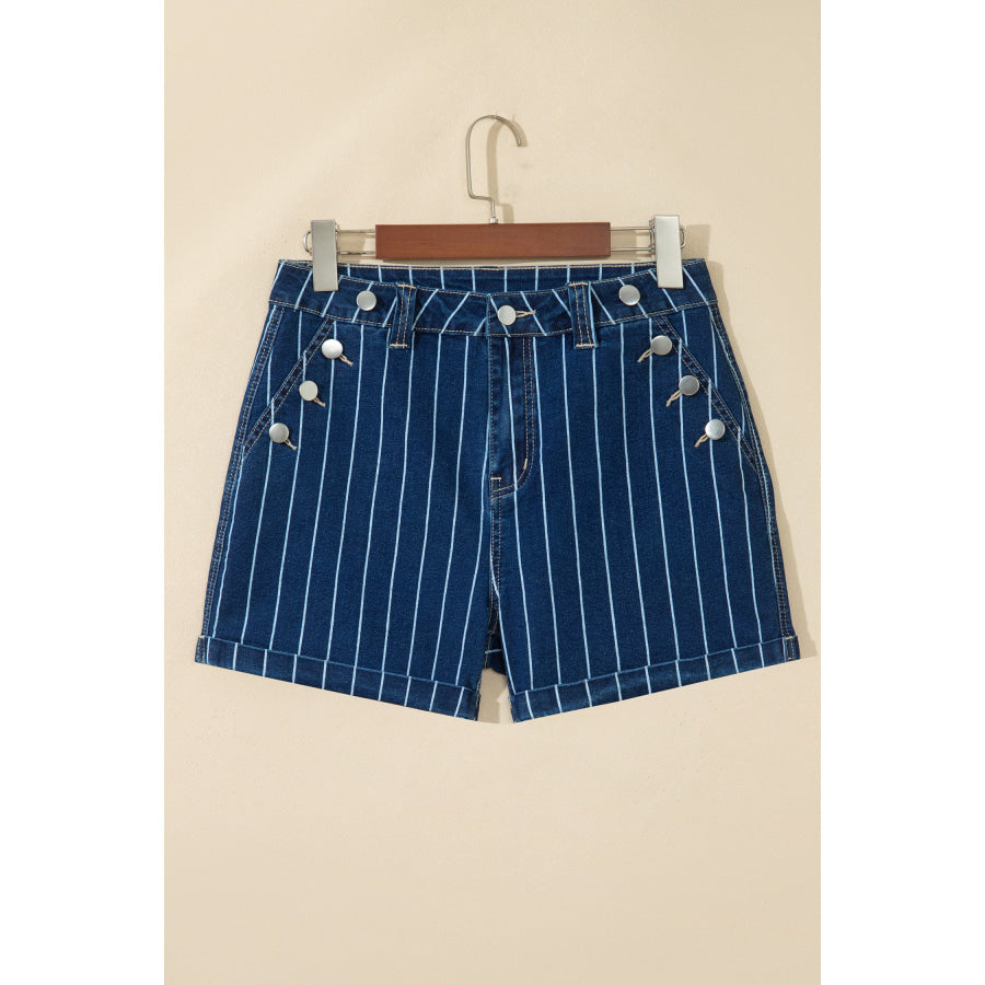 Blue Stripe Metal Button Detail Womens Denim Shorts Bottoms/Denim Shorts