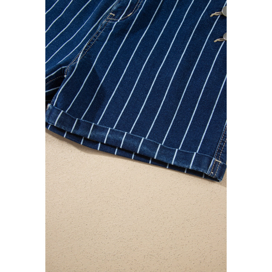 Blue Stripe Metal Button Detail Womens Denim Shorts Bottoms/Denim Shorts