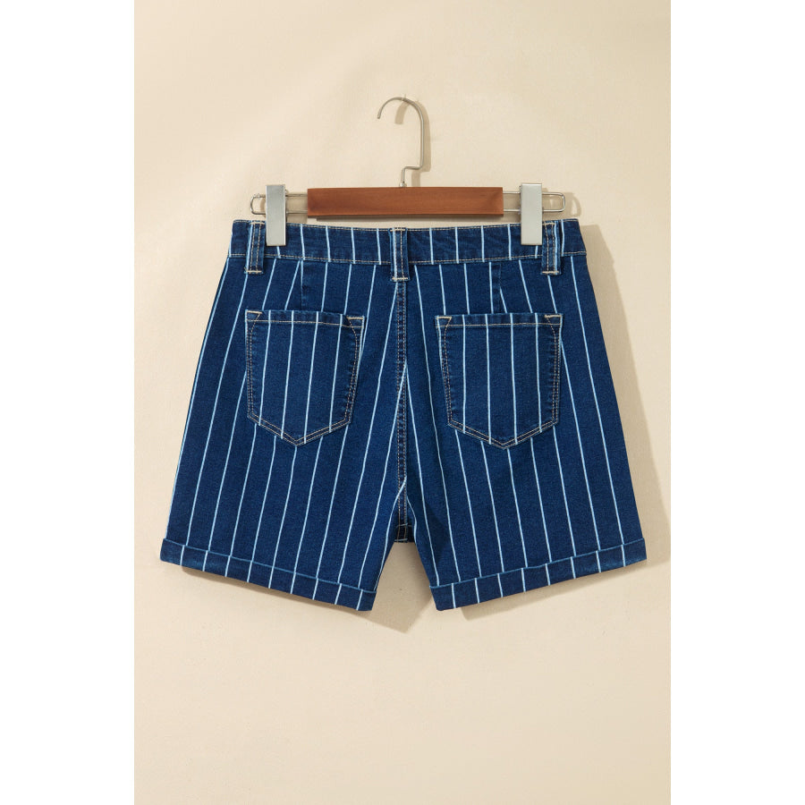 Blue Stripe Metal Button Detail Womens Denim Shorts Bottoms/Denim Shorts