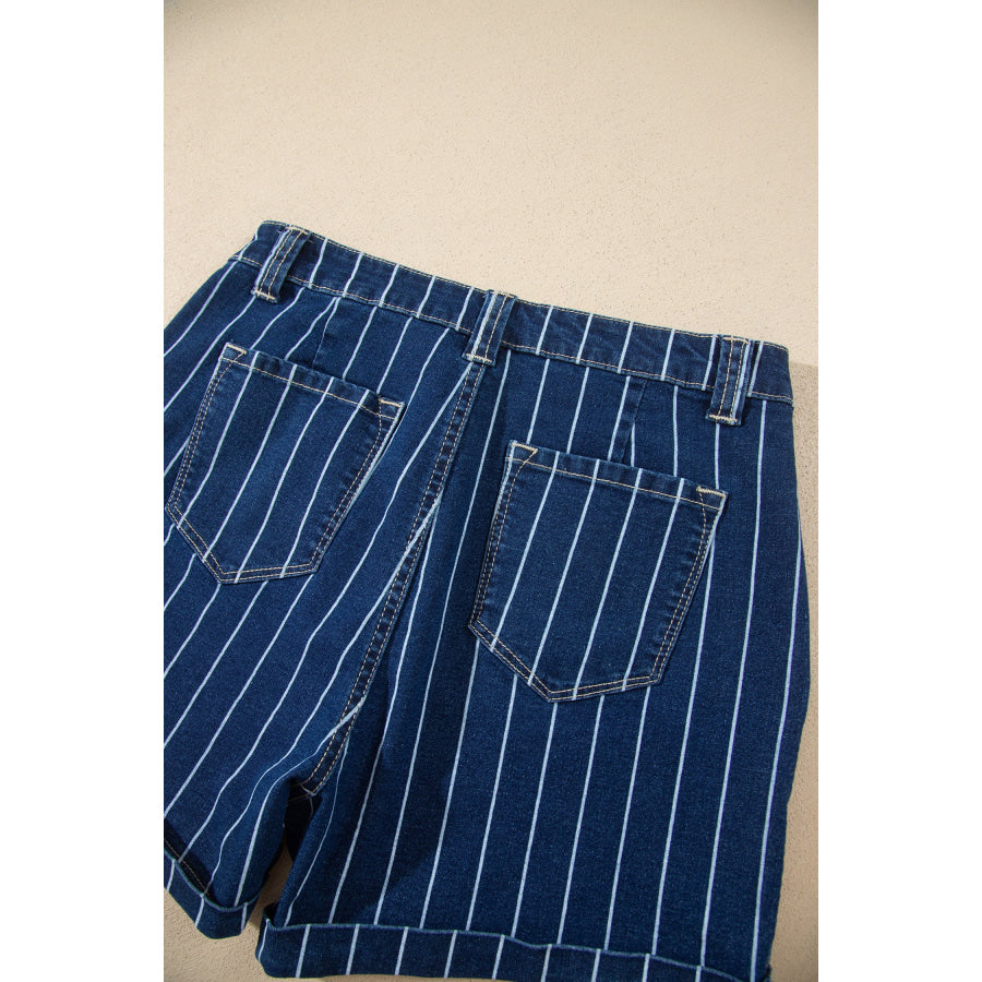 Blue Stripe Metal Button Detail Womens Denim Shorts Bottoms/Denim Shorts