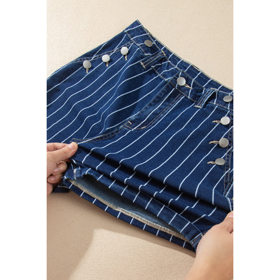Blue Stripe Metal Button Detail Womens Denim Shorts Bottoms/Denim Shorts