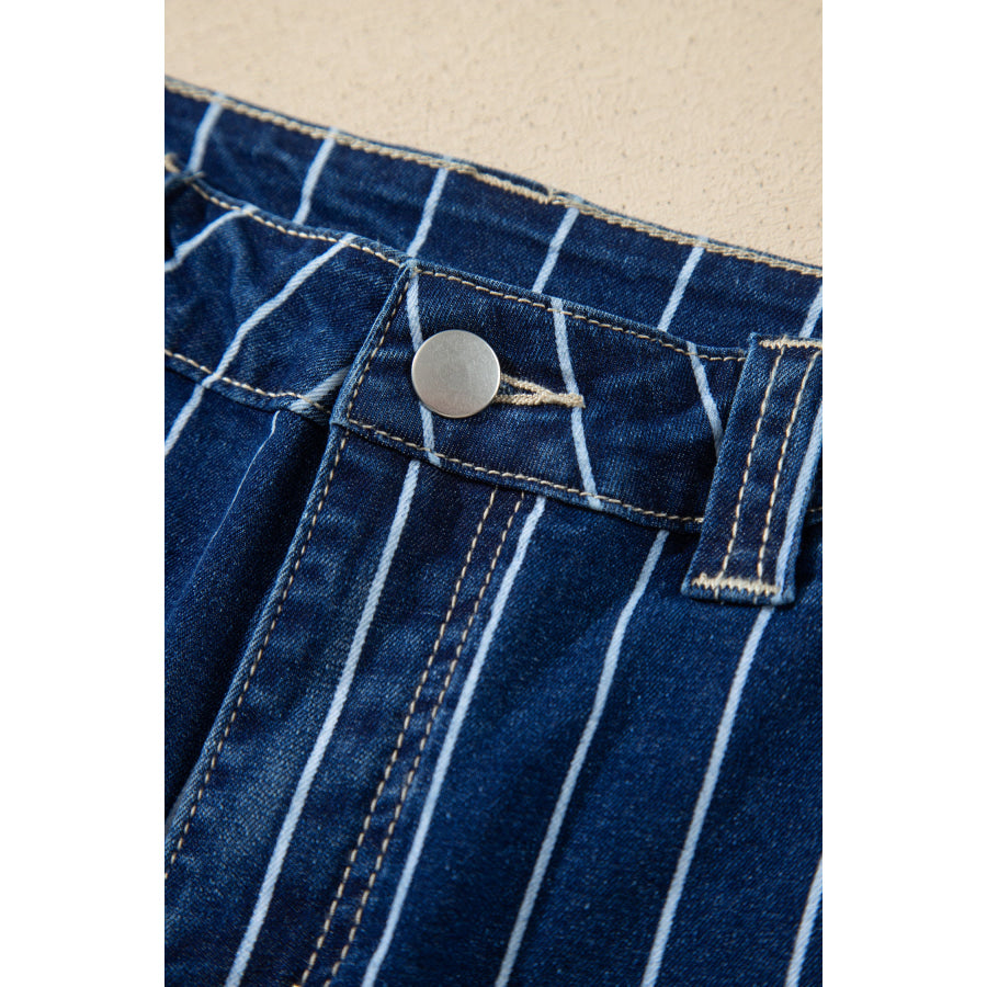 Blue Stripe Metal Button Detail Womens Denim Shorts Bottoms/Denim Shorts
