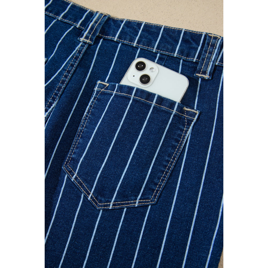 Blue Stripe Metal Button Detail Womens Denim Shorts Bottoms/Denim Shorts