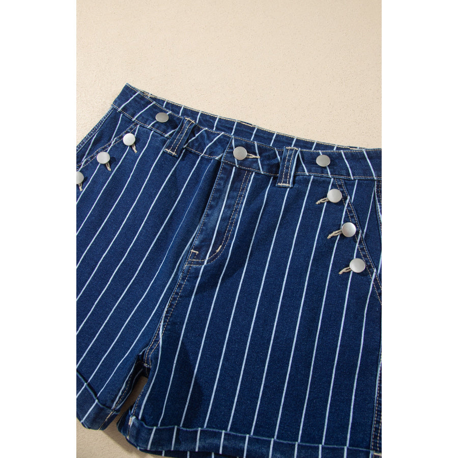 Blue Stripe Metal Button Detail Womens Denim Shorts Bottoms/Denim Shorts