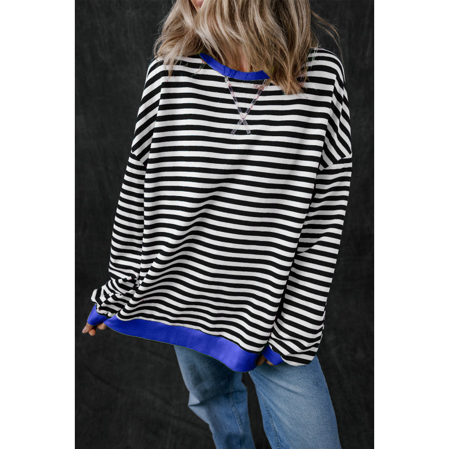 Blue Stripe Oversized Contrast Trim Pullover Sweatshirt Black Stripe / S / 95% Cotton + 5% Elastane Tops/Sweatshirts &amp; Hoodies