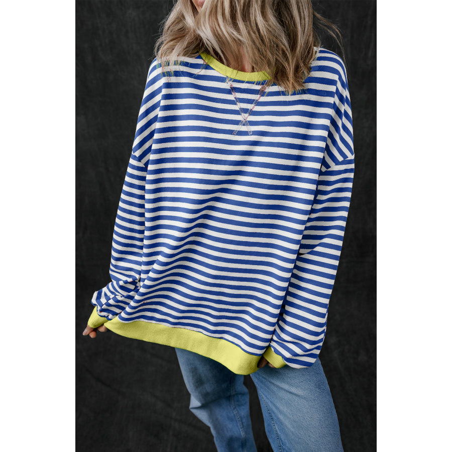 Blue Stripe Oversized Contrast Trim Pullover Sweatshirt Blue Stripe / S / 95% Cotton + 5% Elastane Tops/Sweatshirts &amp; Hoodies