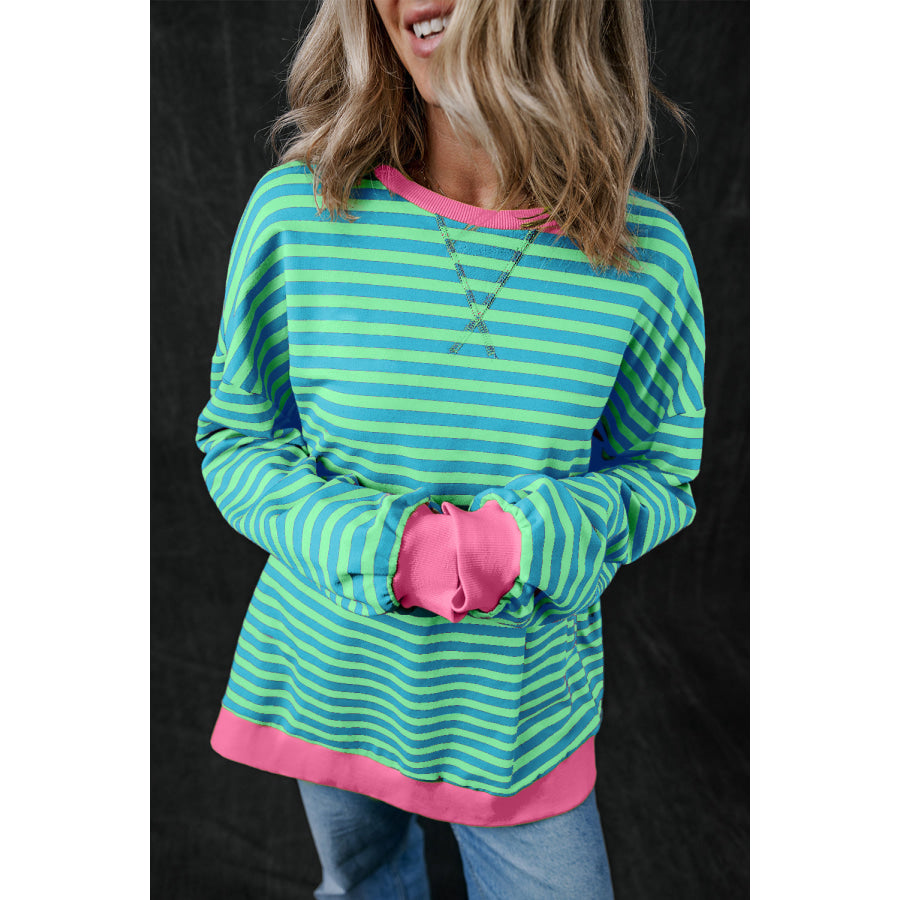 Blue Stripe Oversized Contrast Trim Pullover Sweatshirt Tops/Sweatshirts &amp; Hoodies