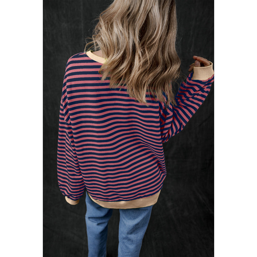 Blue Stripe Oversized Contrast Trim Pullover Sweatshirt Tops/Sweatshirts &amp; Hoodies