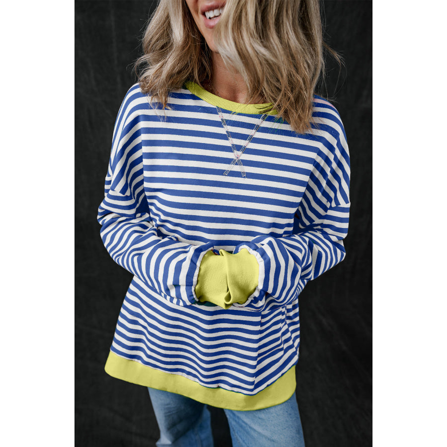 Blue Stripe Oversized Contrast Trim Pullover Sweatshirt Tops/Sweatshirts &amp; Hoodies