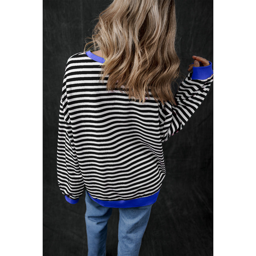 Blue Stripe Oversized Contrast Trim Pullover Sweatshirt Tops/Sweatshirts &amp; Hoodies