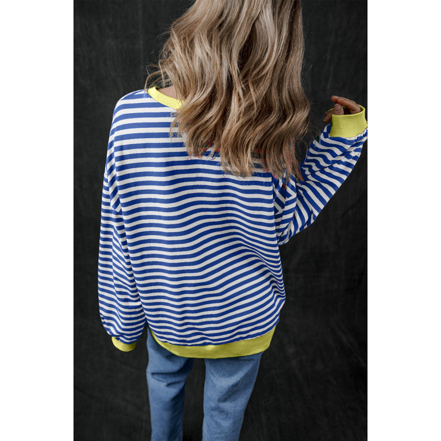 Blue Stripe Oversized Contrast Trim Pullover Sweatshirt Blue Stripe / S / 95% Cotton + 5% Elastane Tops/Sweatshirts & Hoodies