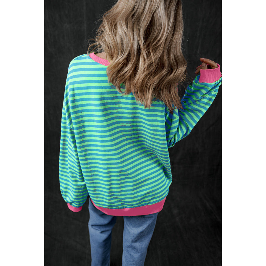 Blue Stripe Oversized Contrast Trim Pullover Sweatshirt Tops/Sweatshirts &amp; Hoodies