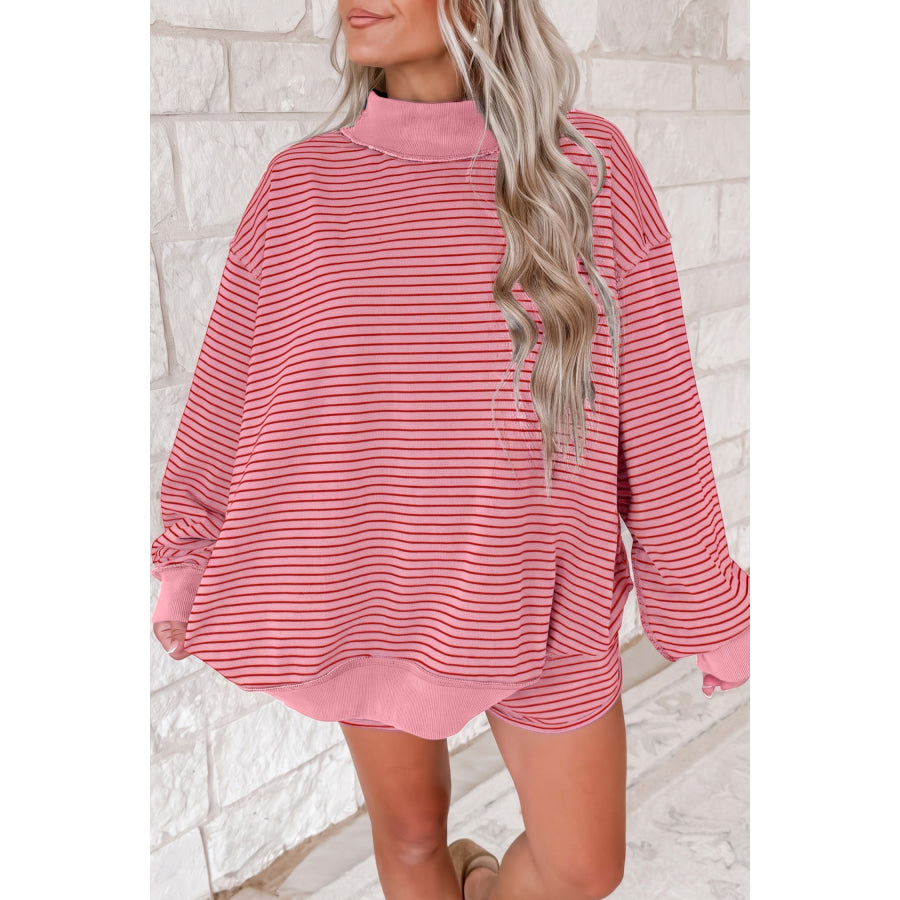 Blue Stripe Ribbed Patchwork Mock Neck Baggy Pullover Matching Shorts Set Pink Stripe / S Two Piece Sets/Short Sets