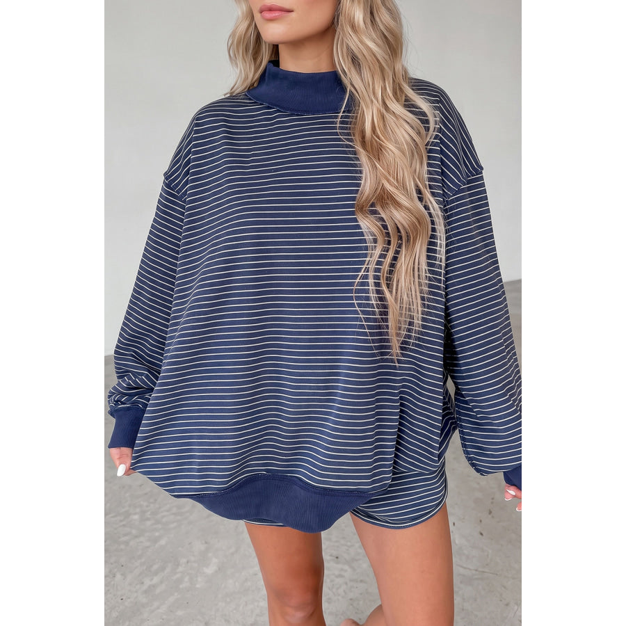 Blue Stripe Ribbed Patchwork Mock Neck Baggy Pullover Matching Shorts Set Blue Stripe / S Two Piece Sets/Short Sets