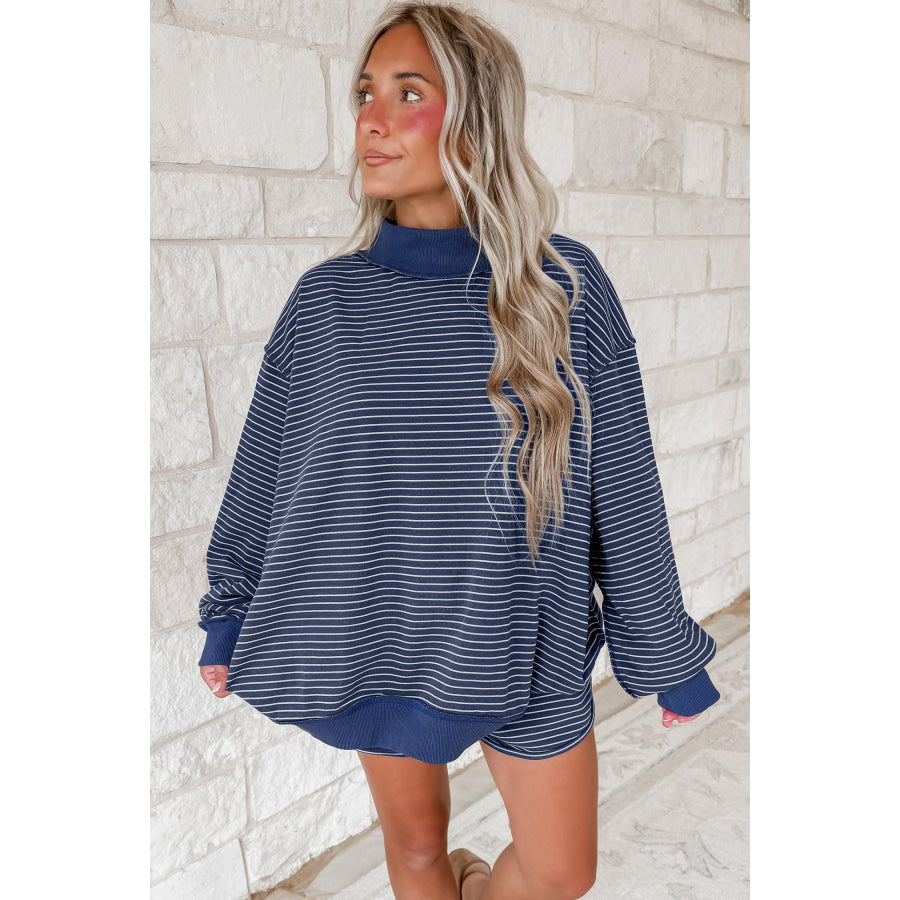 Blue Stripe Ribbed Patchwork Mock Neck Baggy Pullover Matching Shorts Set Two Piece Sets/Short Sets