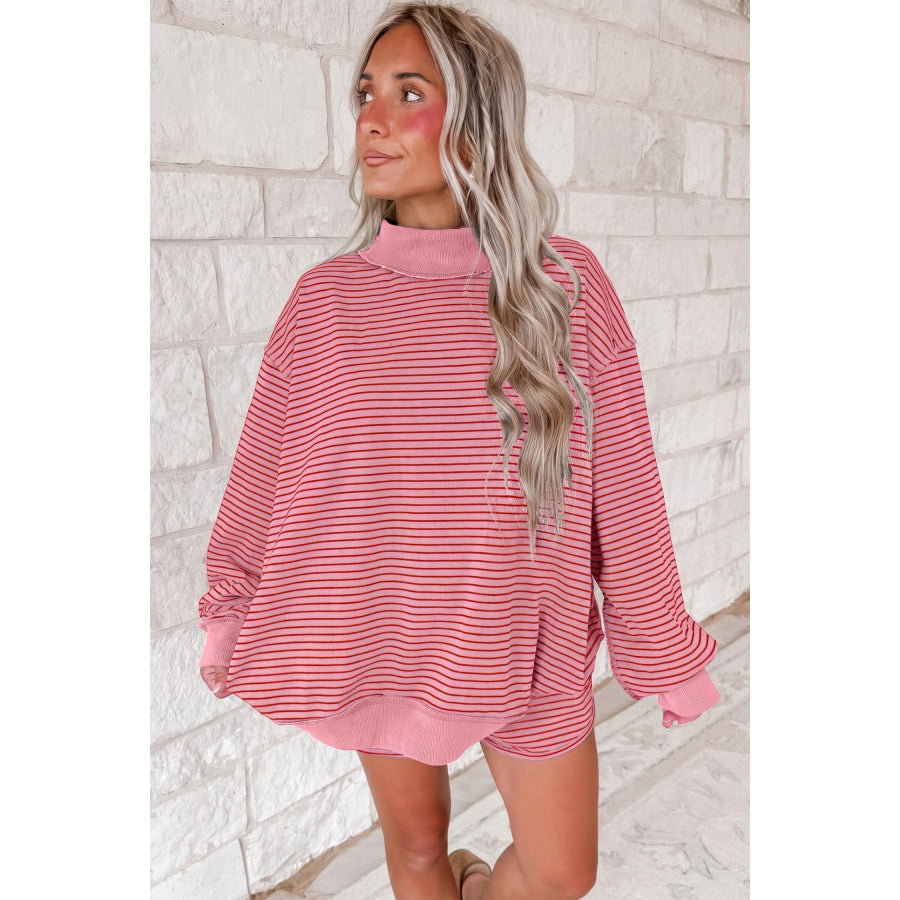 Blue Stripe Ribbed Patchwork Mock Neck Baggy Pullover Matching Shorts Set Two Piece Sets/Short Sets