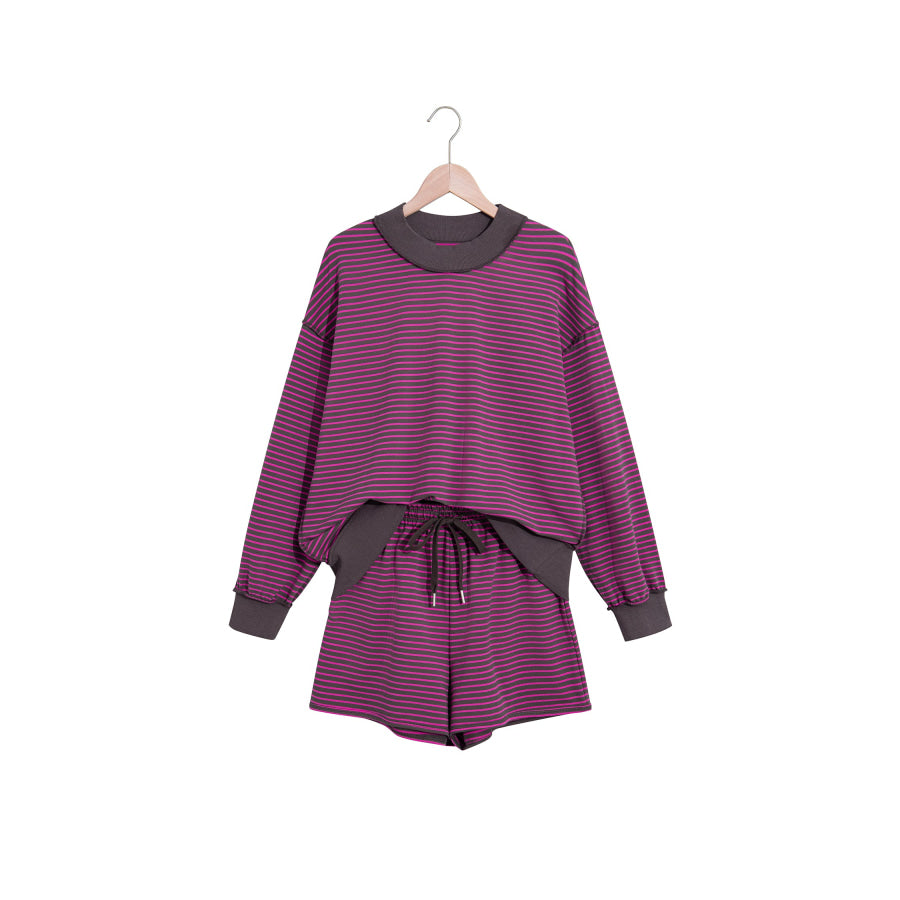 Blue Stripe Ribbed Patchwork Mock Neck Baggy Pullover Matching Shorts Set Two Piece Sets/Short Sets