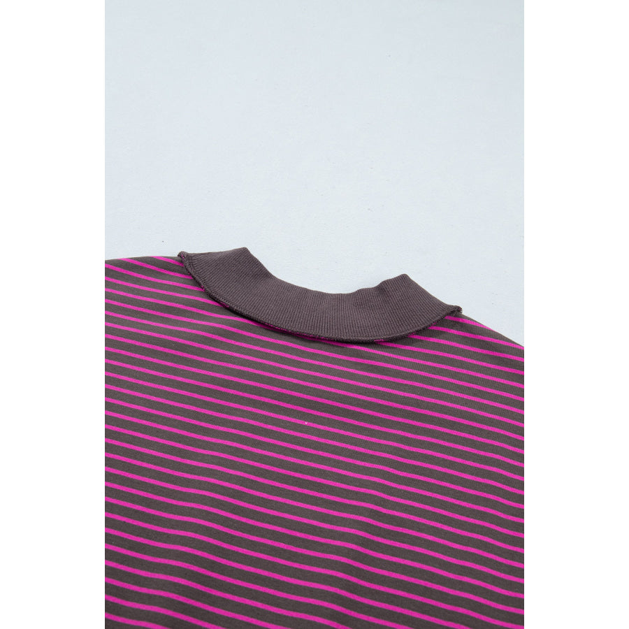 Blue Stripe Ribbed Patchwork Mock Neck Baggy Pullover Matching Shorts Set Two Piece Sets/Short Sets