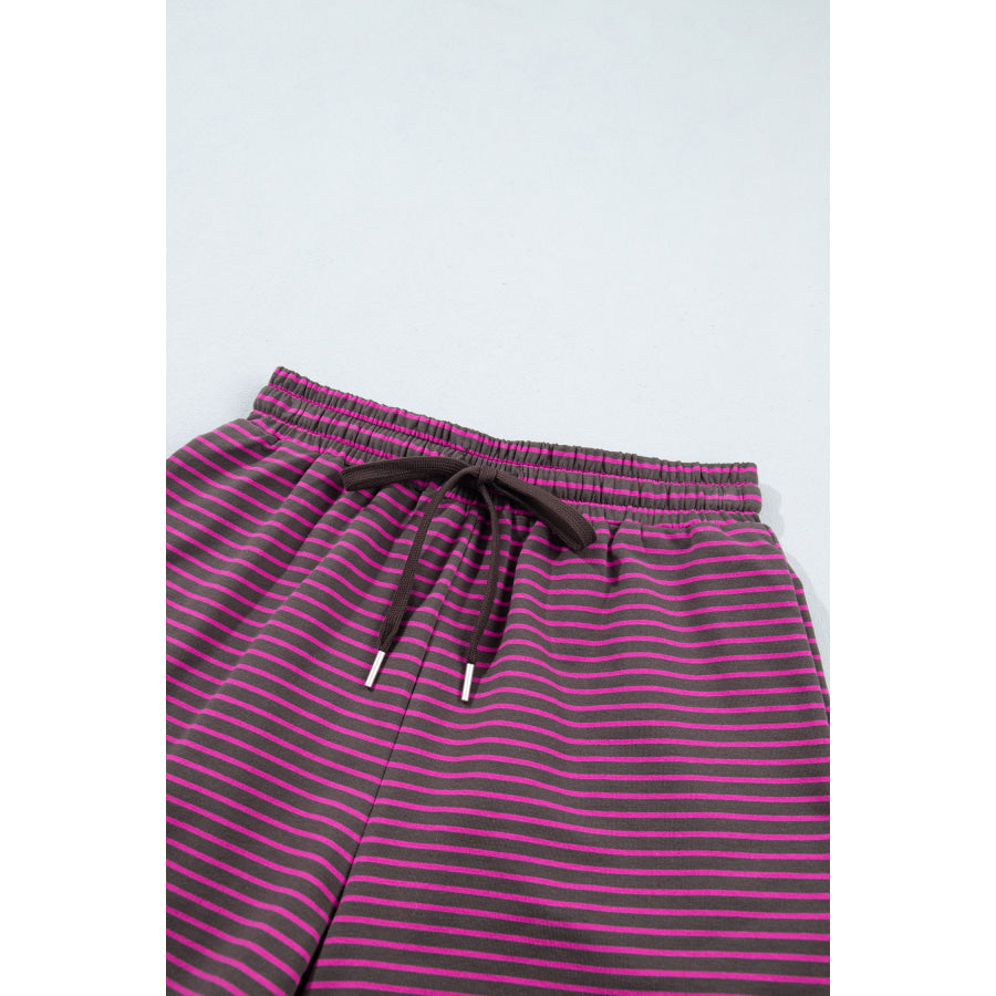 Blue Stripe Ribbed Patchwork Mock Neck Baggy Pullover Matching Shorts Set Two Piece Sets/Short Sets