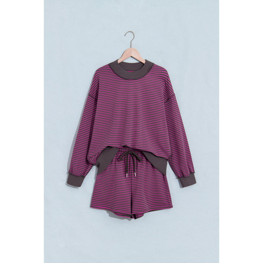Blue Stripe Ribbed Patchwork Mock Neck Baggy Pullover Matching Shorts Set Two Piece Sets/Short Sets