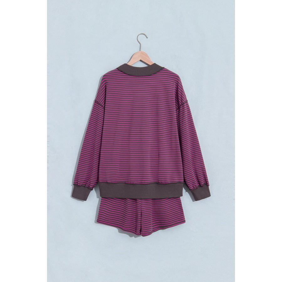 Blue Stripe Ribbed Patchwork Mock Neck Baggy Pullover Matching Shorts Set Two Piece Sets/Short Sets