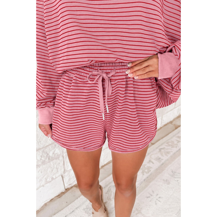 Blue Stripe Ribbed Patchwork Mock Neck Baggy Pullover Matching Shorts Set Two Piece Sets/Short Sets