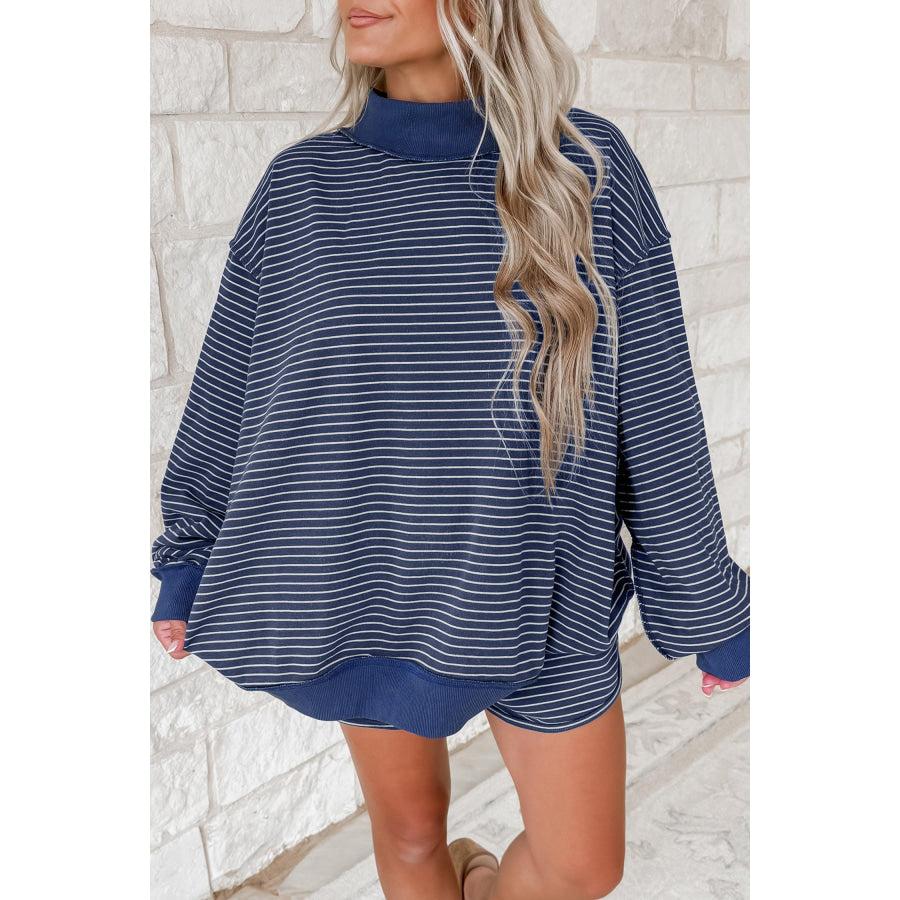 Blue Stripe Ribbed Patchwork Mock Neck Baggy Pullover Matching Shorts Set Two Piece Sets/Short Sets
