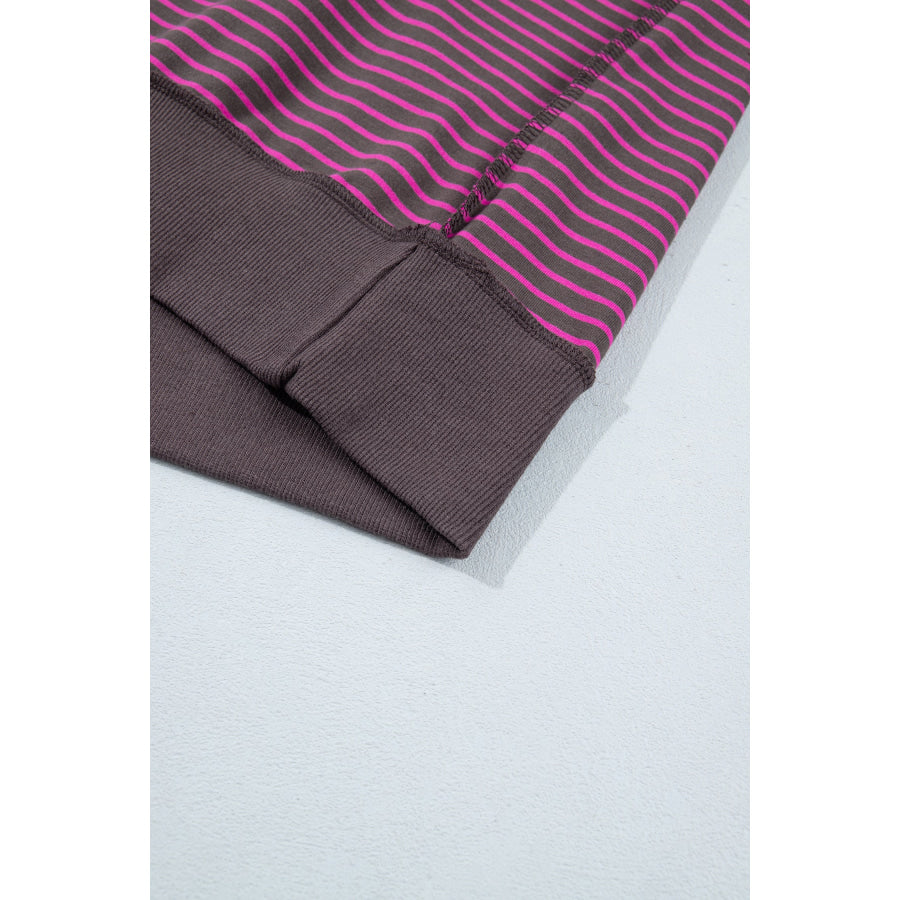 Blue Stripe Ribbed Patchwork Mock Neck Baggy Pullover Matching Shorts Set Two Piece Sets/Short Sets