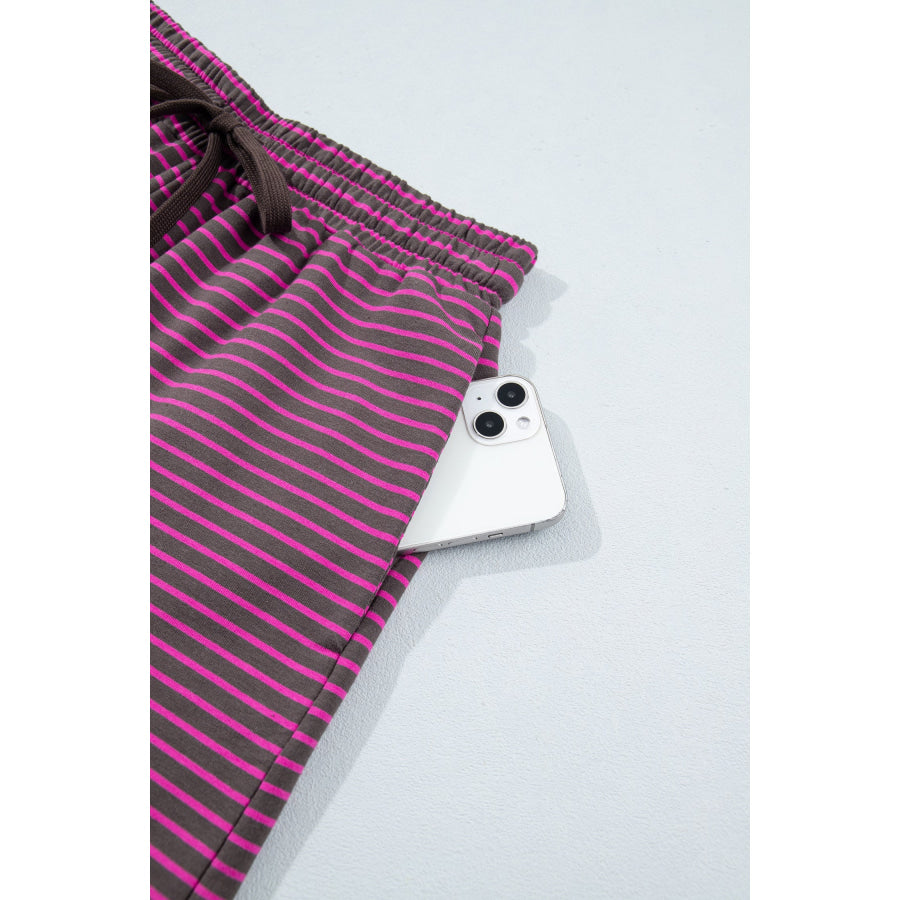 Blue Stripe Ribbed Patchwork Mock Neck Baggy Pullover Matching Shorts Set Two Piece Sets/Short Sets