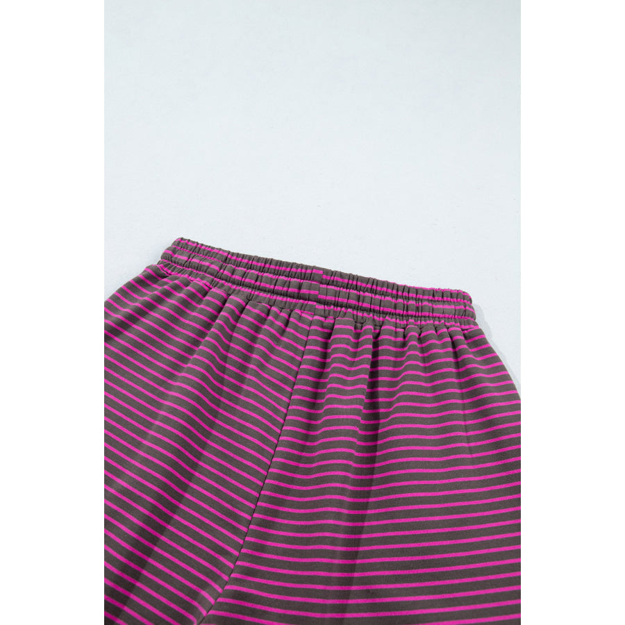Blue Stripe Ribbed Patchwork Mock Neck Baggy Pullover Matching Shorts Set Two Piece Sets/Short Sets