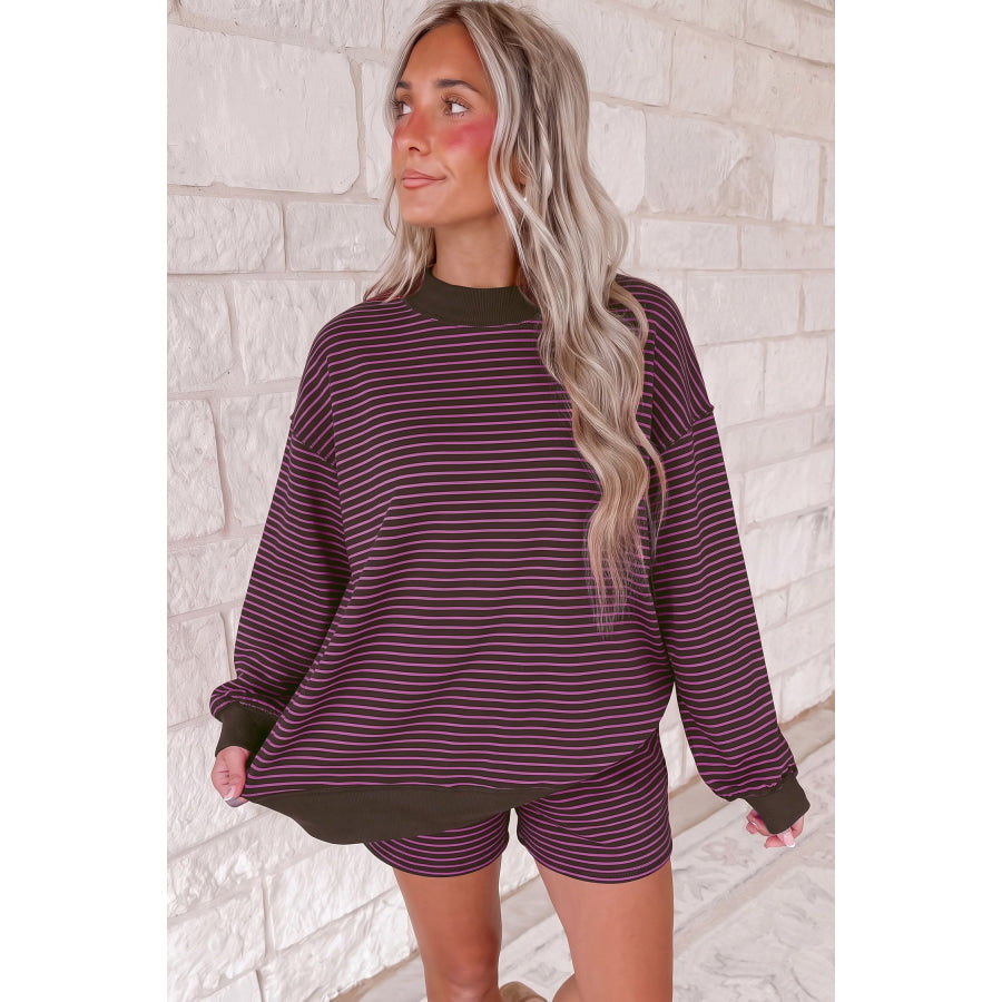 Blue Stripe Ribbed Patchwork Mock Neck Baggy Pullover Matching Shorts Set Two Piece Sets/Short Sets
