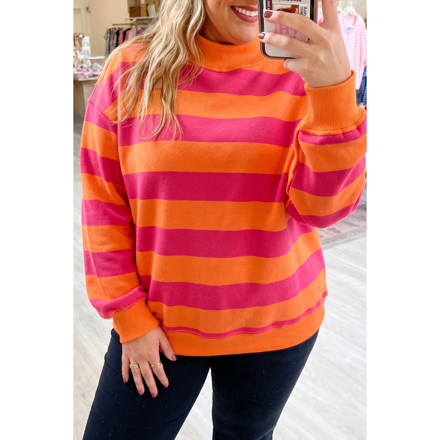 Blue Stripe Ribbed Trim Stand Neck Dropped Shoulder Plus Size Sweatshirt Orange / 1X Size/Plus Sweatshirts & Hoodies