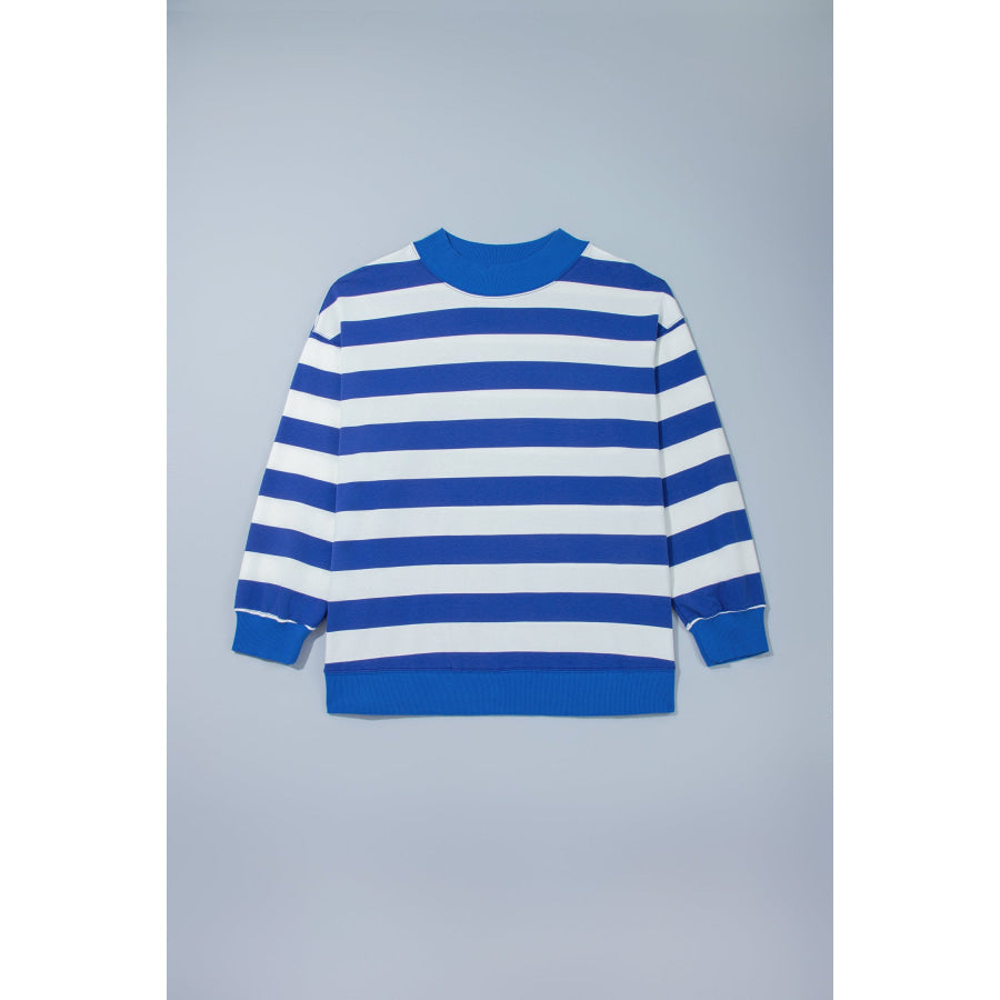 Blue Stripe Ribbed Trim Stand Neck Dropped Shoulder Plus Size Sweatshirt Size/Plus Sweatshirts & Hoodies