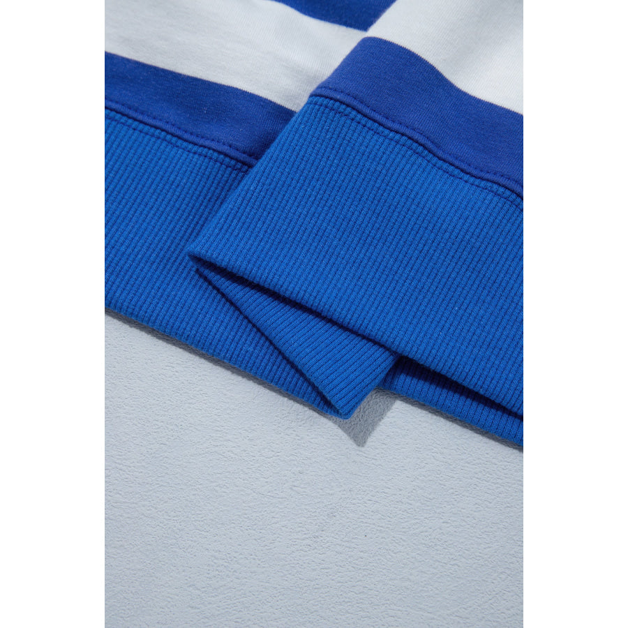 Blue Stripe Ribbed Trim Stand Neck Dropped Shoulder Plus Size Sweatshirt Size/Plus Sweatshirts & Hoodies