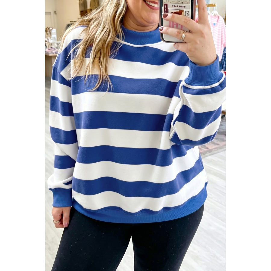 Blue Stripe Ribbed Trim Stand Neck Dropped Shoulder Plus Size Sweatshirt Plus Size/Plus Size Sweatshirts & Hoodies