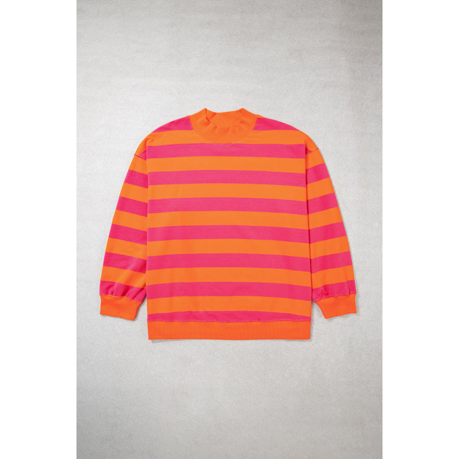 Blue Stripe Ribbed Trim Stand Neck Dropped Shoulder Plus Size Sweatshirt Size/Plus Sweatshirts & Hoodies