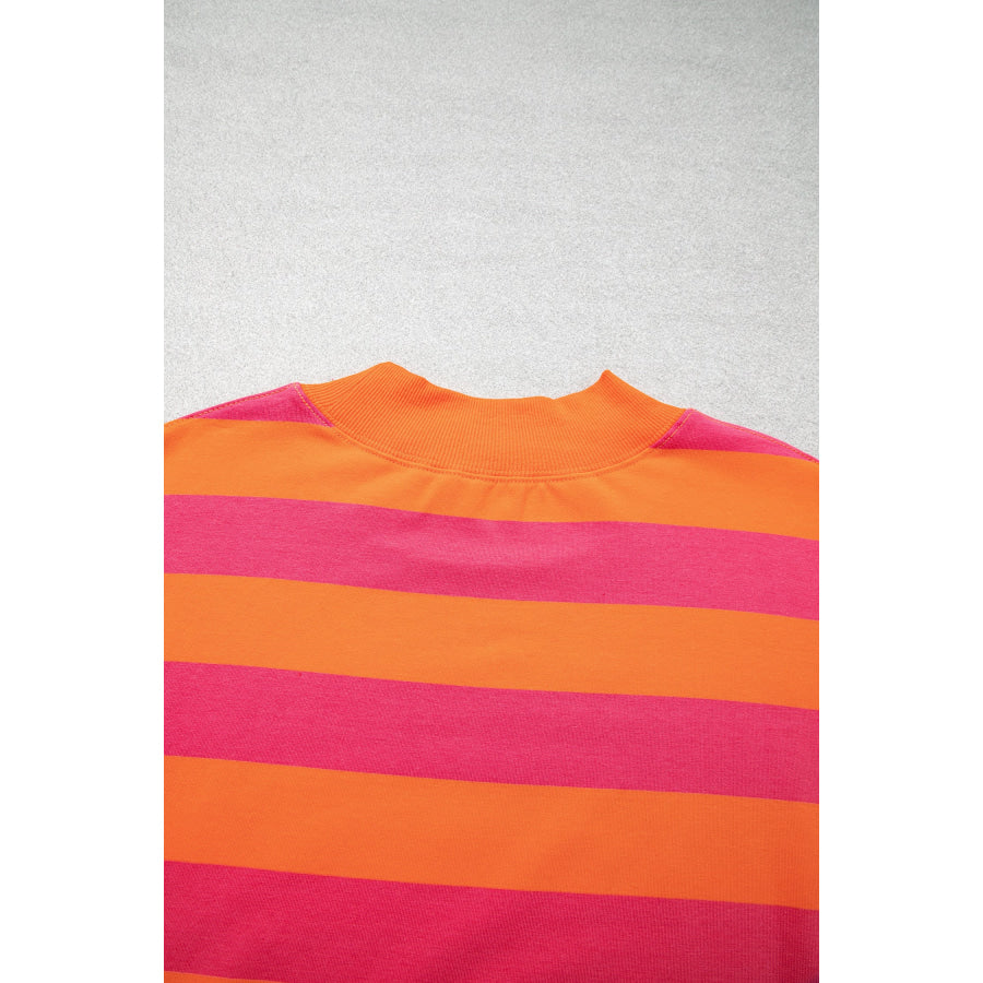 Blue Stripe Ribbed Trim Stand Neck Dropped Shoulder Plus Size Sweatshirt Size/Plus Sweatshirts & Hoodies